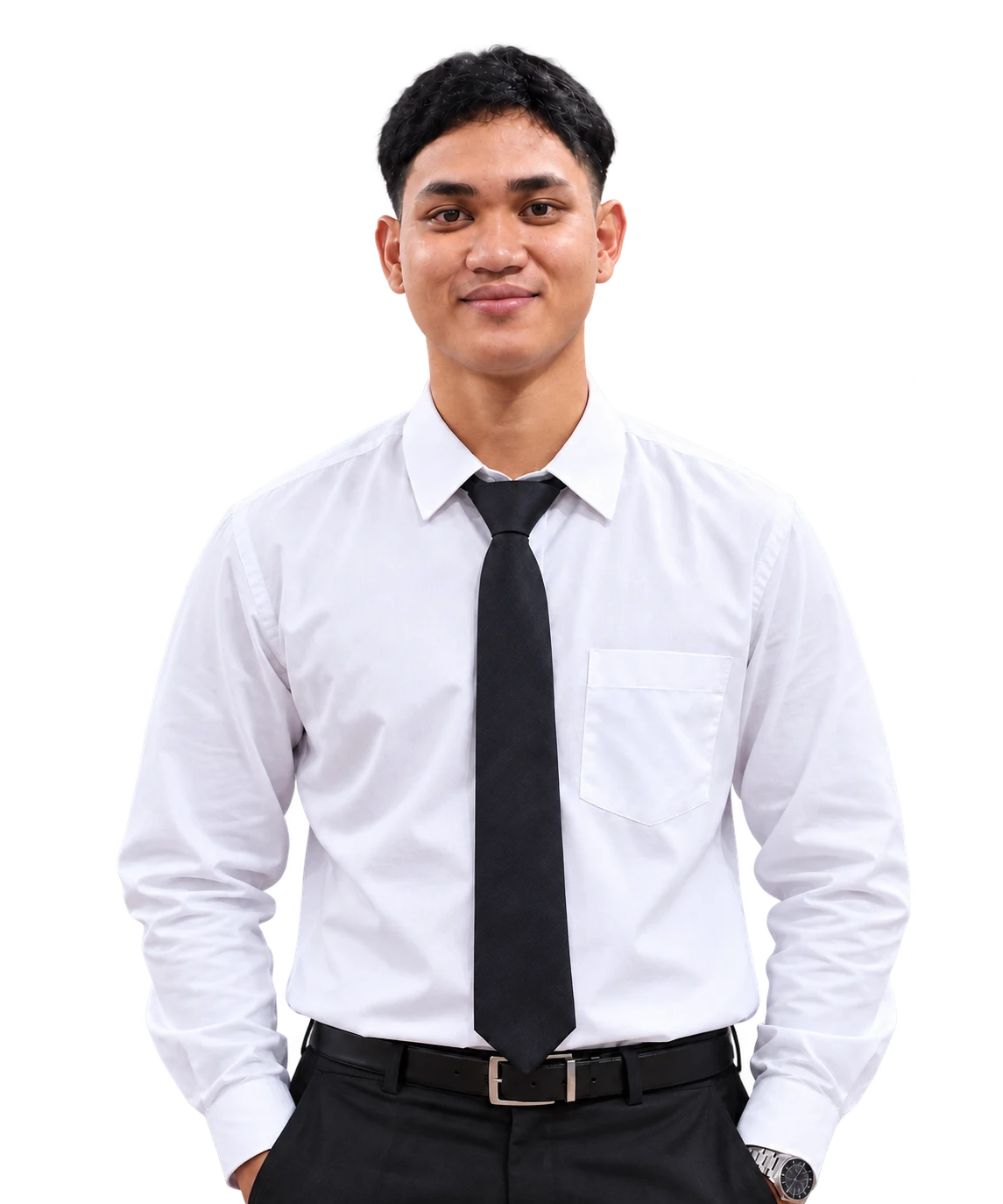 Stephen Mio Montenegro wearing a white shirt and tie